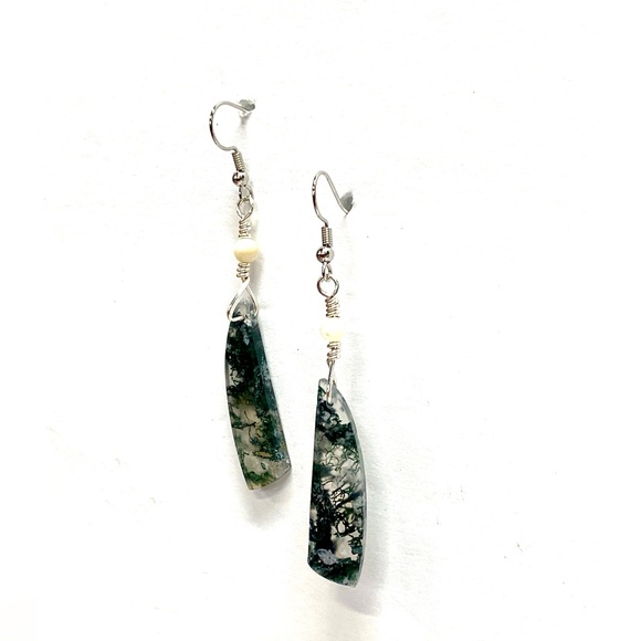 HANDCRAFTED Moss Agate & Mother of Pearl Hand Wrapped Casual Earrings, Gift Her - Picture 5 of 10